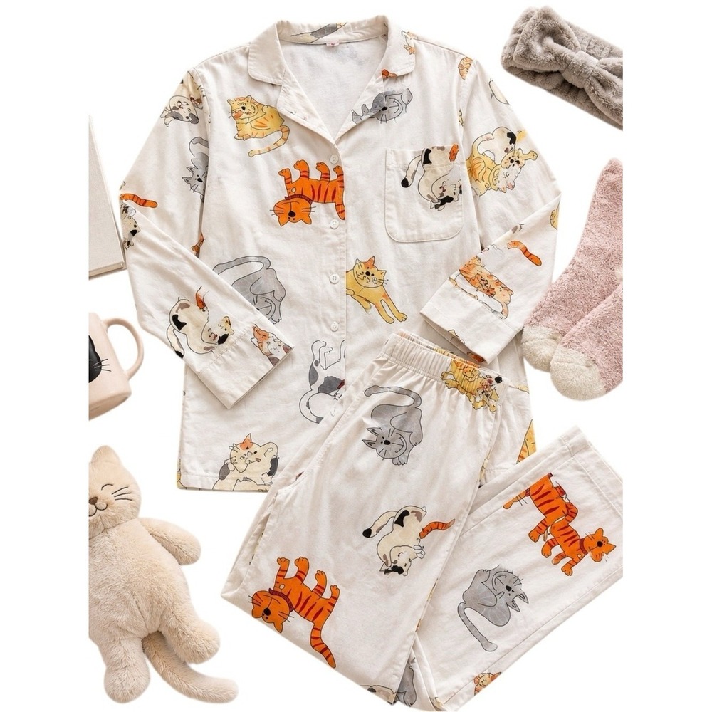 Aegean Apparel Cat Print 100% Cotton Pajama Set White Womens Medium EUC